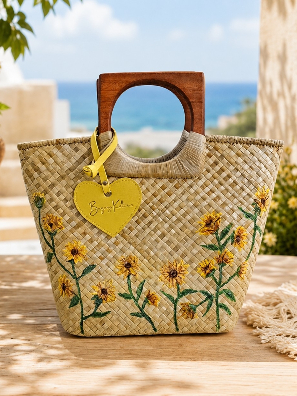 Sunflower Straw Handpainted Tote - Yellow Accents